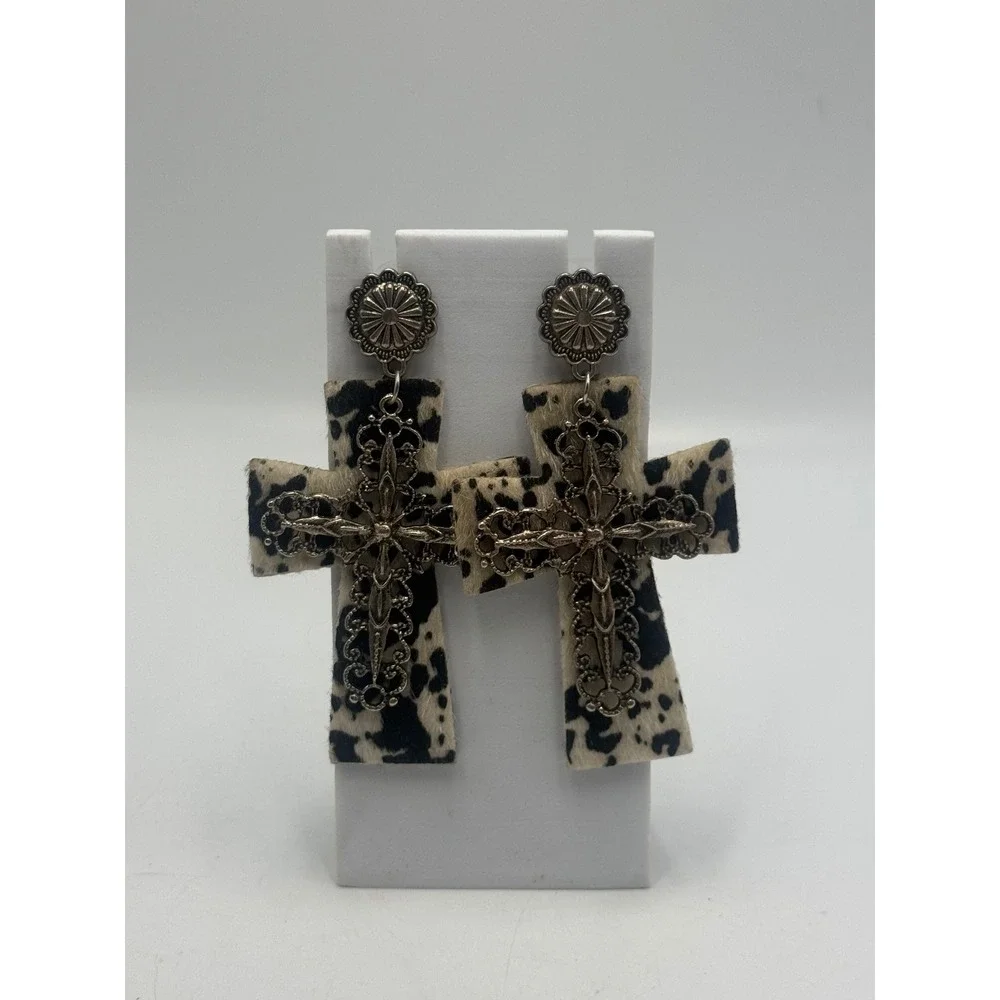 Western Cow Print Faux Hair Cross Drop Earrings Silver Tone Filigree Concho Stud